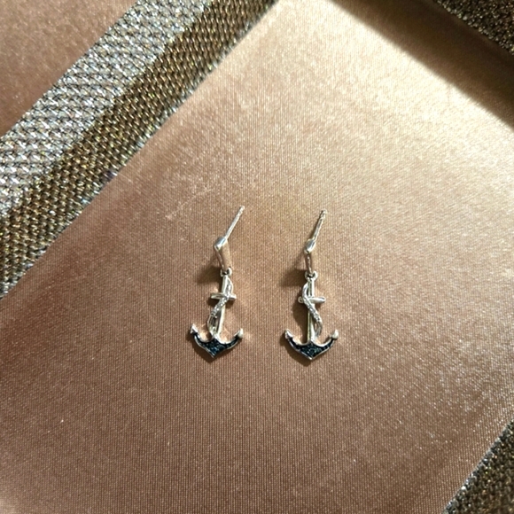 Sterling Silver Blue Diamond Anchor Drop Earrings - Picture 3 of 10